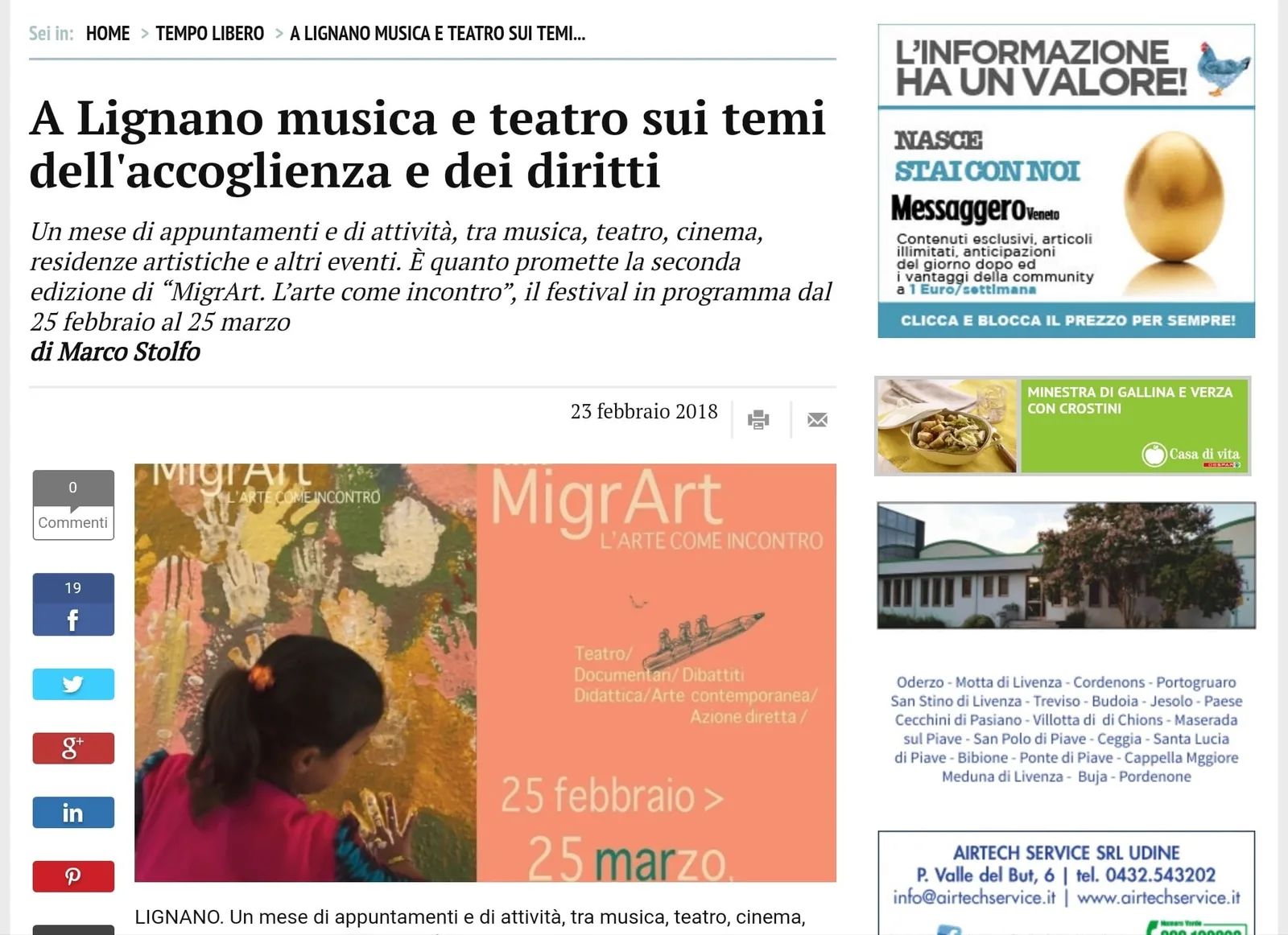 Articolo Messaggero Veneto sul MigrArt Festival 2018